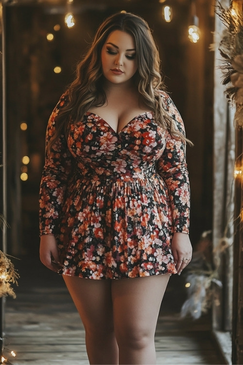 A curvy woman wears a black floral mini wedding guest dress with long sleeves