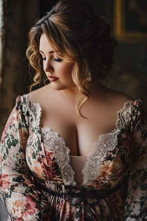 A curvy woman wears a floral wedding guest dress with lace trim and long sleeves