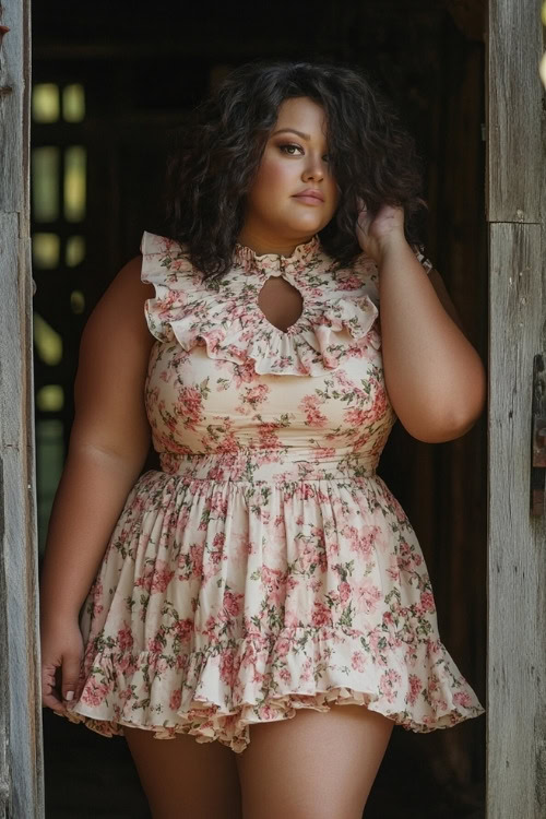 A curvy woman wears a light pink mini floral wedding guest dress with a high collar