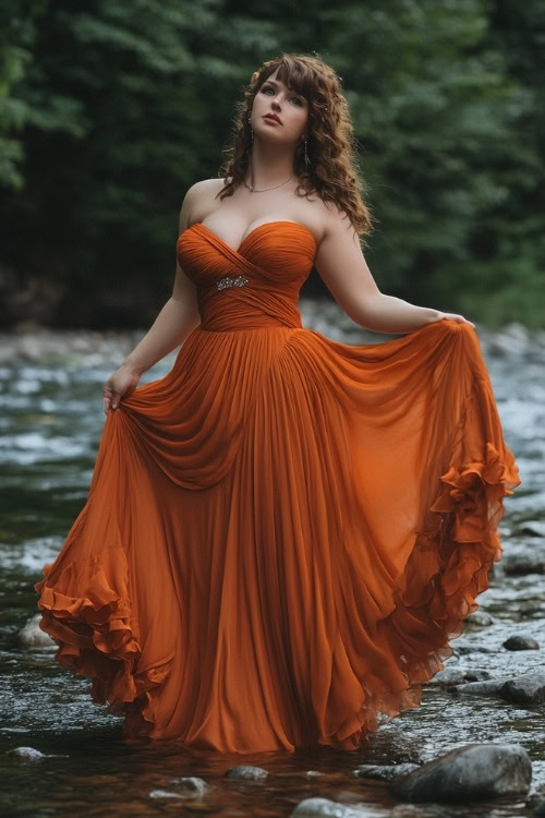 A curvy woman wears a strapless orange wedding guest dress with a flowing skirt