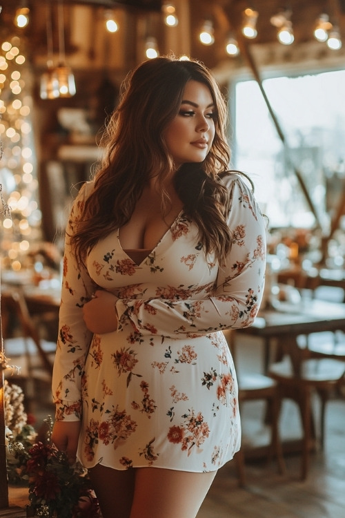 A curvy woman wears a white floral mini wedding guest dress