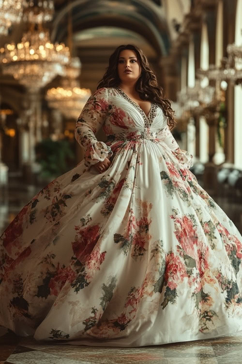 A curvy woman wears a white floral wedding guest dress with long sleeves and a voluminous skirt