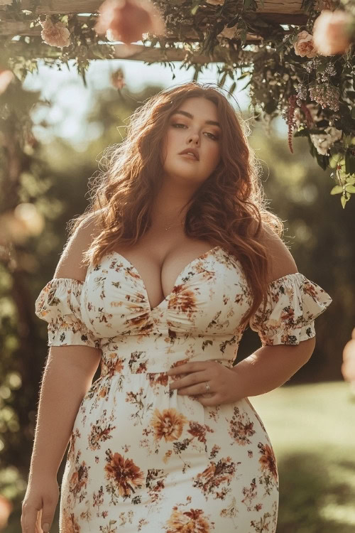 A curvy woman wears a white floral wedding guest dress with off-the-shoulder sleeves and a ruched bodice