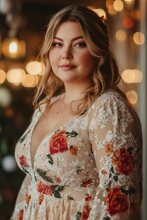 A curvy woman wears a white floral wedding guest dress with sheer sleeves