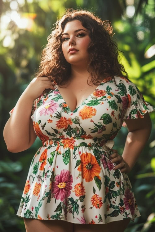 A curvy woman wears a white floral wedding guest dress with short flutter sleeves and a V neckline