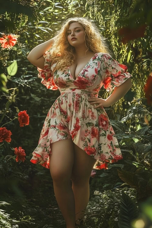 A curvy woman wears a white floral wedding guest dress with short ruffled sleeves and a high-low hem