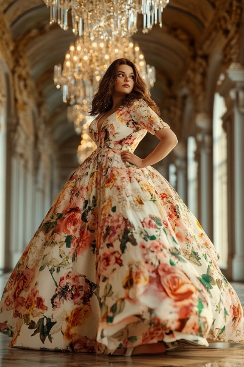 A curvy woman wears a white floral wedding guest dress with short sleeves and a voluminous skirt