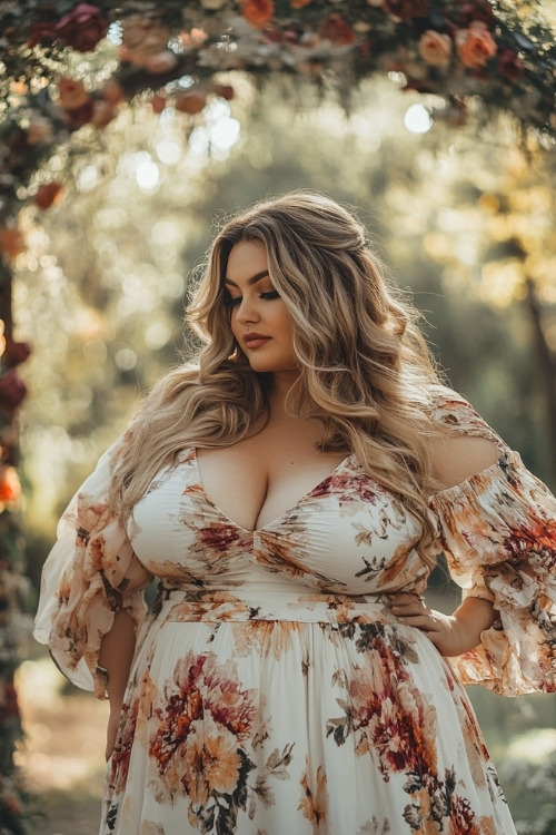 A curvy woman wears a white floral wedding guest dress