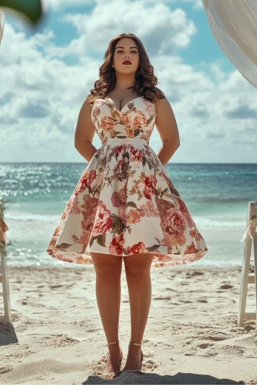 A curvy woman wears a white knee-length floral wedding guest dress with a sweetheart neckline and heels