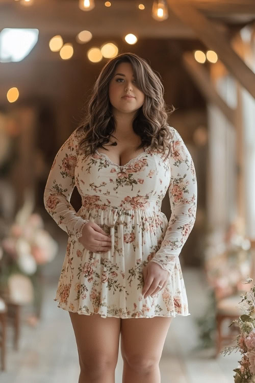 A curvy woman wears a white mini floral wedding guest dress with long sleeves