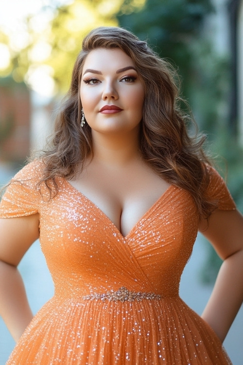 A curvy woman wears an orange glittering wrap wedding guest dress