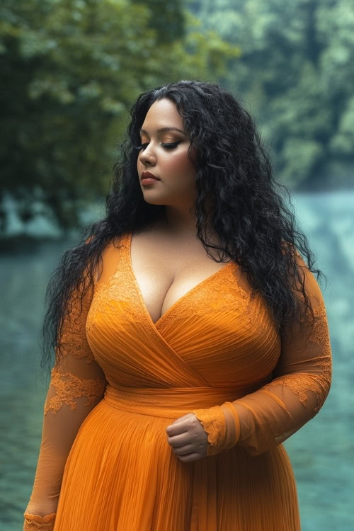 A curvy woman wears an orange lace wedding guest dress with long sleeves and a wrap design