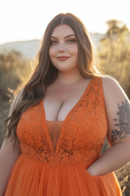 A curvy woman wears an orange wedding guest dress with a deep V neckline