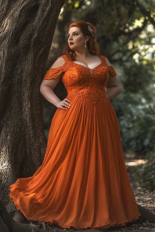 A curvy woman wears an orange wedding guest dress with lace detailing and a flowing skirt