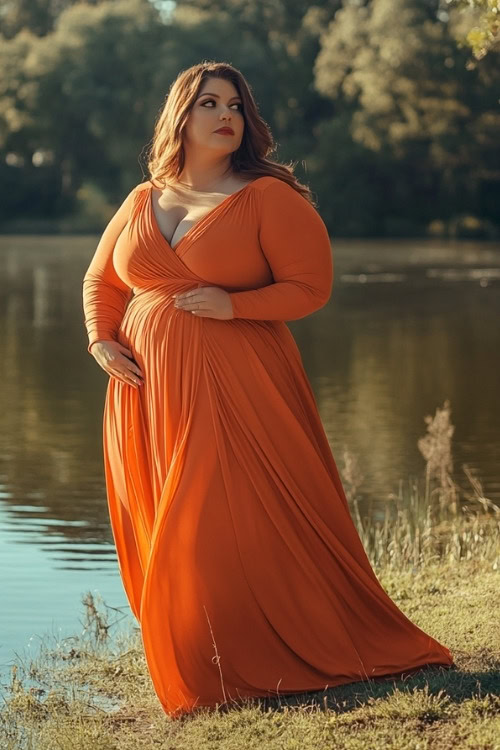 A curvy woman wears an orange wrap-style wedding guest dress with long sleeves and a flowing skirt