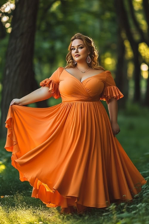 A curvy woman wears an orange wrap wedding guest dress with ruffle sleeves