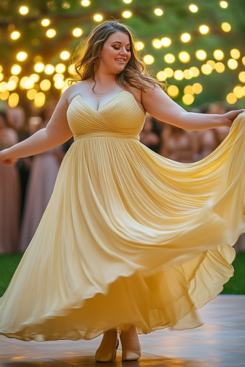 A curvy woman wears yellow dress at the wedding