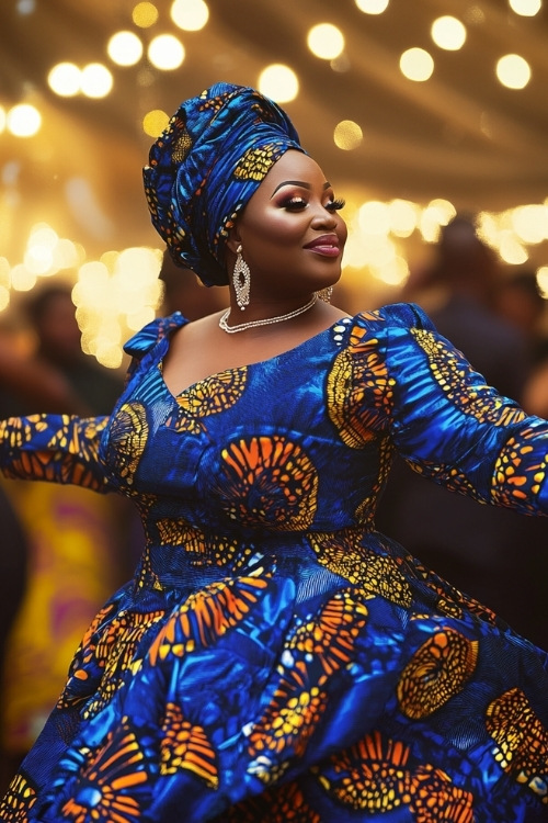 A plus size black woman wears a vibrant blue and orange patterned wedding guest dress with a matching headwrap