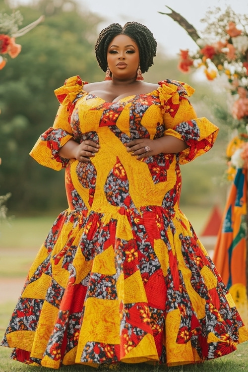 A plus size black woman wears a vibrant yellow and red patterned wedding guest dress with voluminous sleeves and a flared skirt