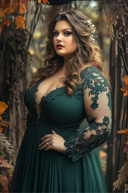 A plus size woman wears a V neck green wedding guest dress with lace sheer sleeves