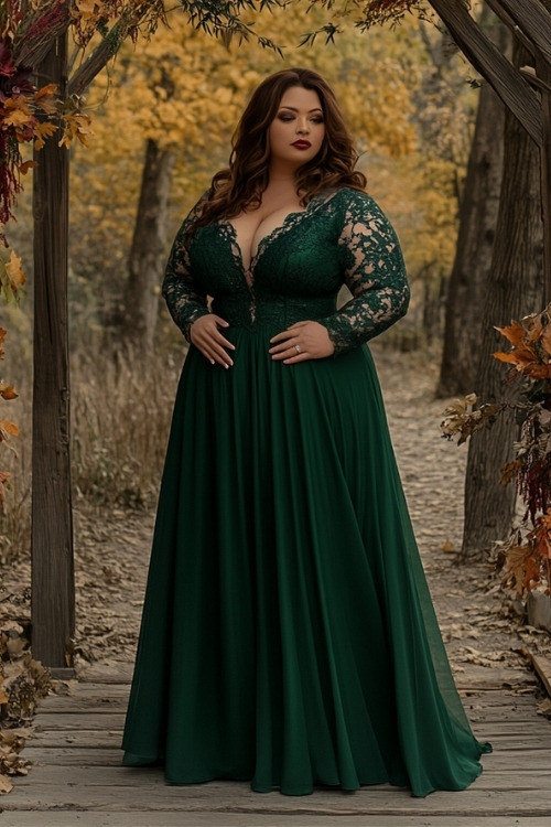 A plus size woman wears a V neck green wedding guest dress with lace sleeves