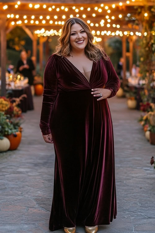 A plus-size woman wears a V neck velvet burgundy wedding guest dress with gold heels