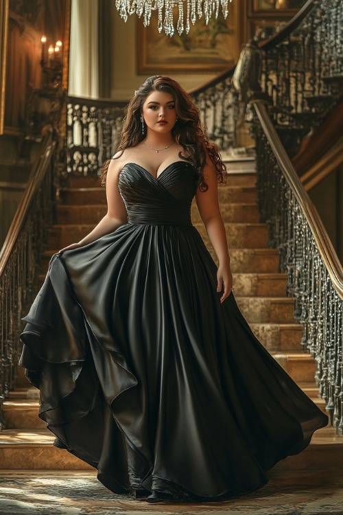 A plus-size woman wears a black high-low satin dress with a sweetheart neckline, standing at a wedding reception with a grand staircase and crystal chandeliers