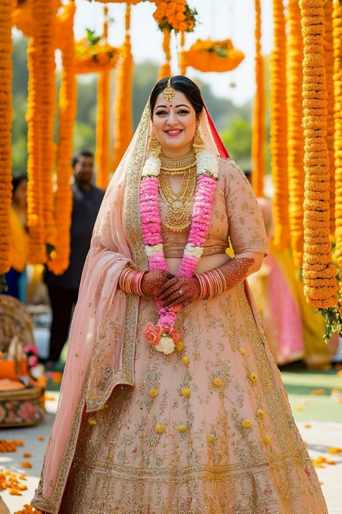 A plus size woman wears a blush pink and gold embellished lehenga as wedding guest dress with intricate embroidery and traditional jewelry