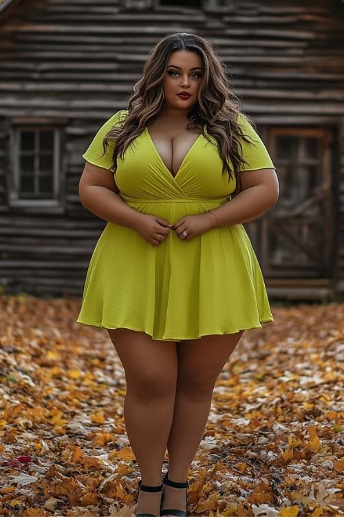 A plus-size woman wears a bright yellow wedding guest dress with black heels