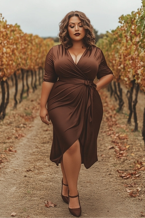 A plus-size woman wears a brown wrap-style wedding guest dress with matching heels