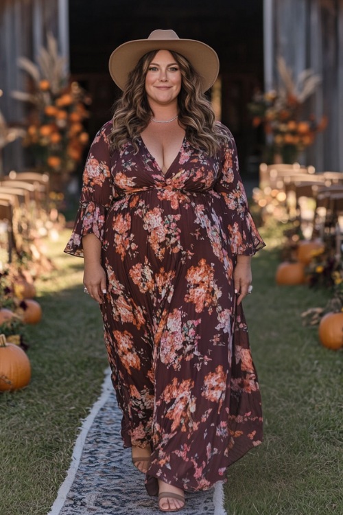 A plus-size woman wears a burgundy floral wedding guest dress with a wide-brimmed hat and sandals