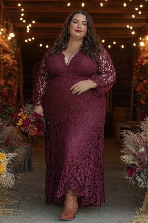 A plus-size woman wears a burgundy lace wedding guest dress with long sleeves and brown cowboy boots