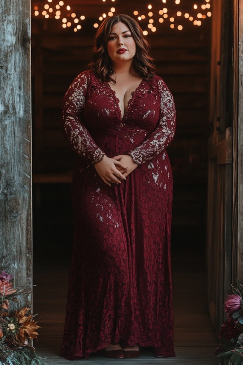 A plus-size woman wears a burgundy lace wedding guest dress with long sleeves