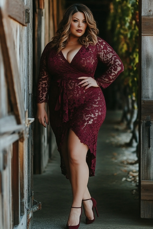 A plus-size woman wears a burgundy lace wedding guest dress with matching heels