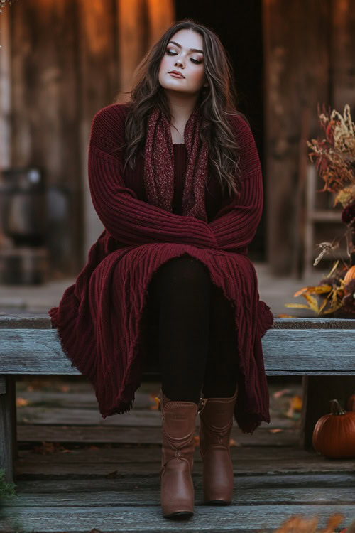 A plus-size woman wears a burgundy ribbed wedding guest dress with a matching scarf, leggings and brown ankle boots