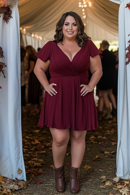 A plus-size woman wears a burgundy short wedding guest dress with brown boots