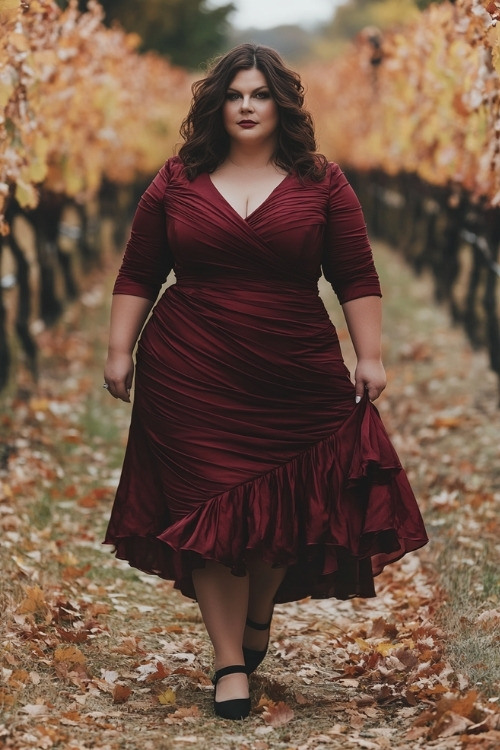 A plus-size woman wears a burgundy wedding guest dress with ruffled details and black heels