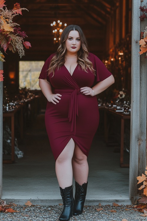 A plus-size woman wears a burgundy wrap wedding guest dress with black boots