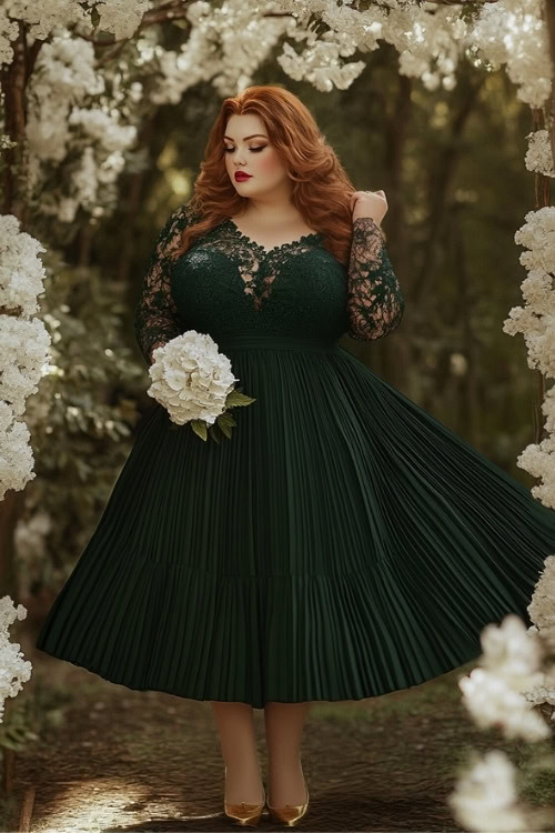 A plus-size woman wears a dark green lace wedding guest dress with a pleated skirt and gold heels