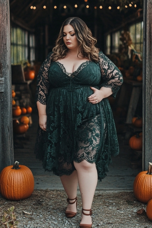 A plus-size woman wears a dark green lace wedding guest dress with brown heels