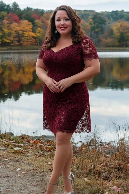 A plus-size woman wears a dark red lace dress with cap sleeves and silver heels