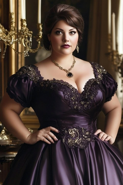 A plus size woman wears a deep purple satin wedding guest dress with gold embroidery and a vintage-inspired design