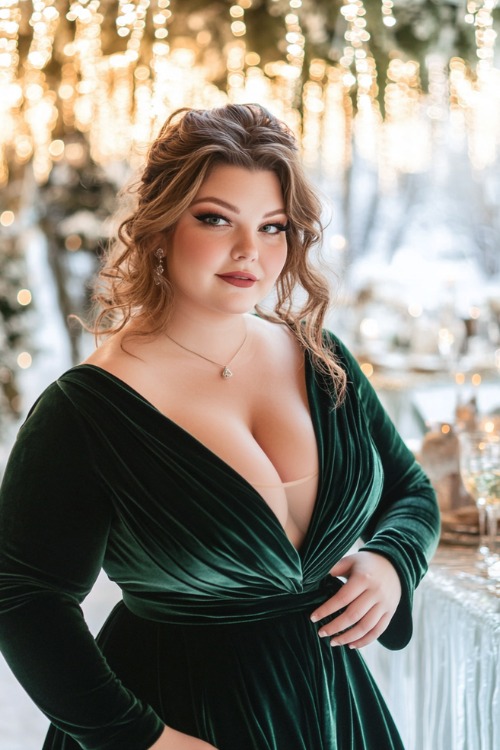 A plus-size woman wears a green velvet dress for winter wedding