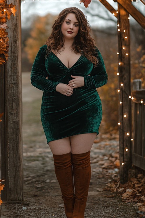 A plus-size woman wears a green velvet mini wedding guest dress with brown thigh-high boots