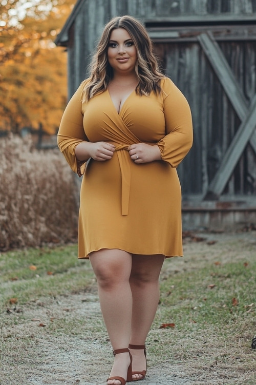 A plus-size woman wears a mustard yellow wrap-style wedding guest dress with brown sandals