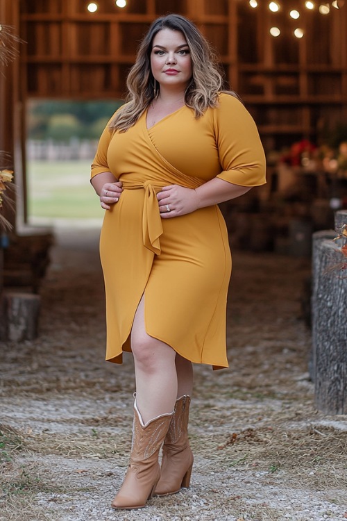 A plus-size woman wears a mustard yellow wrap wedding guest dress with tan cowboy boots