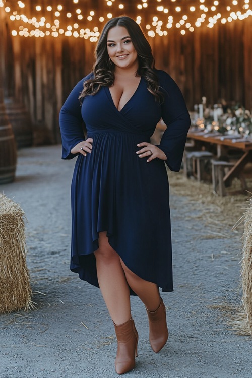 A plus-size woman wears a navy blue high-low wedding guest dress with brown ankle boots