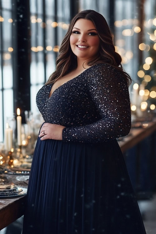 A plus size woman wears a navy blue sequined wedding guest dress with long sleeves and a pleated skirt