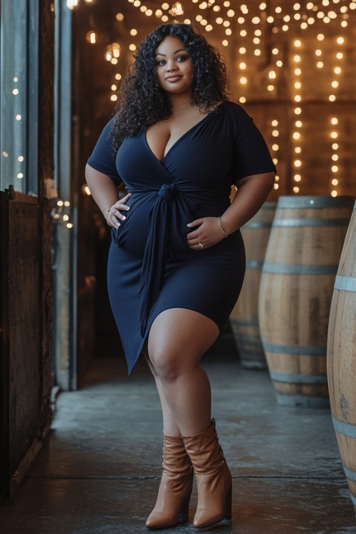 A plus size woman wears a navy blue wedding guest dress with short boots