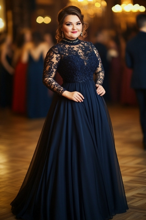 A plus-size woman wears a navy wedding guest dress with a lace bodice